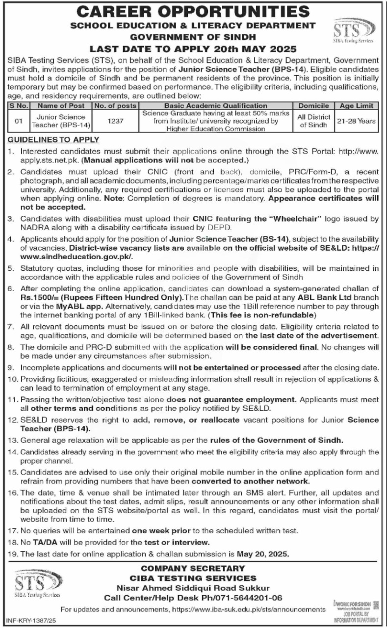 Career Opportunity: Junior Science Teacher (BPS-14) - Sindh Jobs 2025