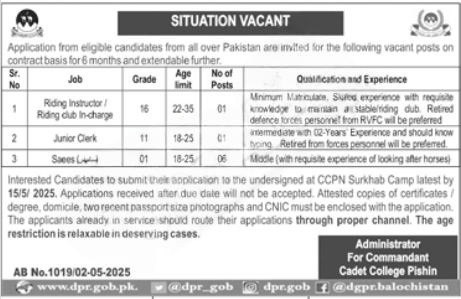 Cadet College Latest Vacancies2025 : Junior Clerk, Sales, and Riding Instructor