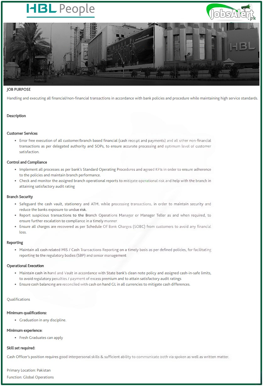HBL Cash Officer Job Opportunities 2025- Apply Online