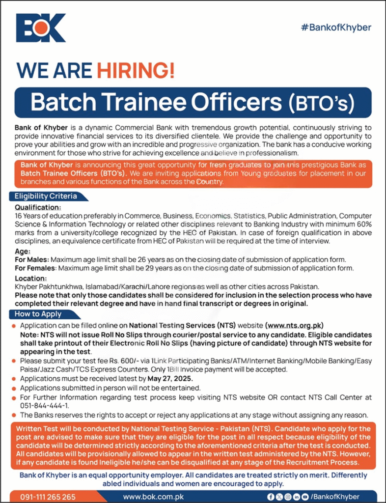 Bank of Khyber Batch Trainee Officer
