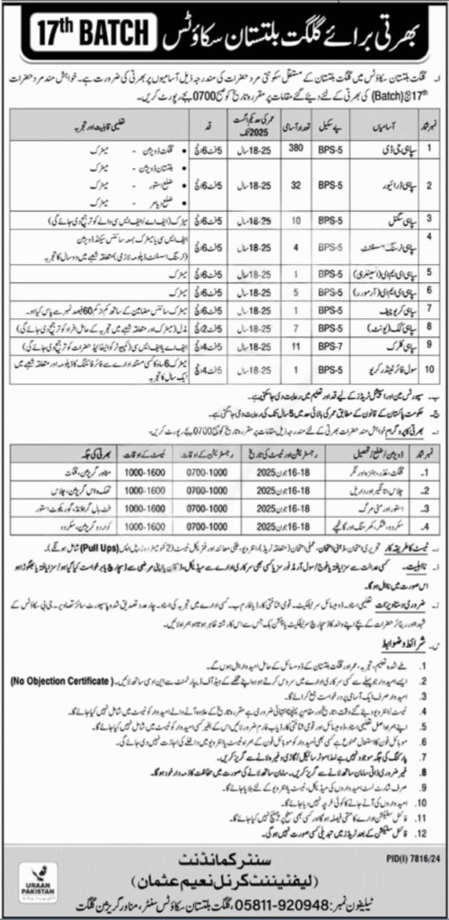 Government Jobs 17th Batch in Gilgit Baltistan 