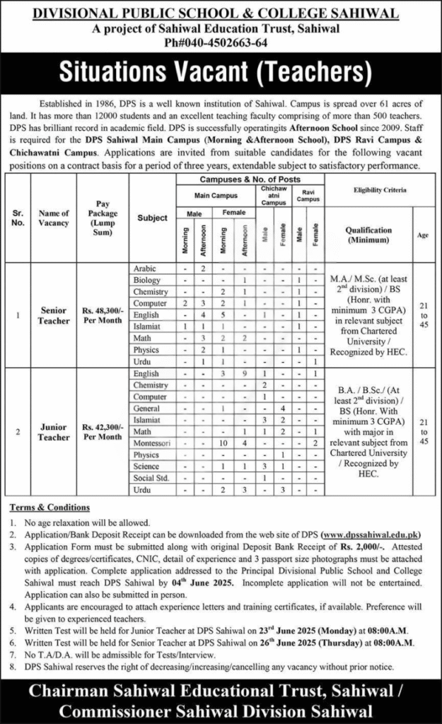 Exciting Career Opportunities at 
DPS Sahiwal: Teaching Positions Available