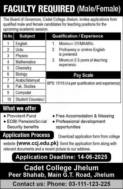 Cadet College Jhelum: Apply Now for Teaching Positions