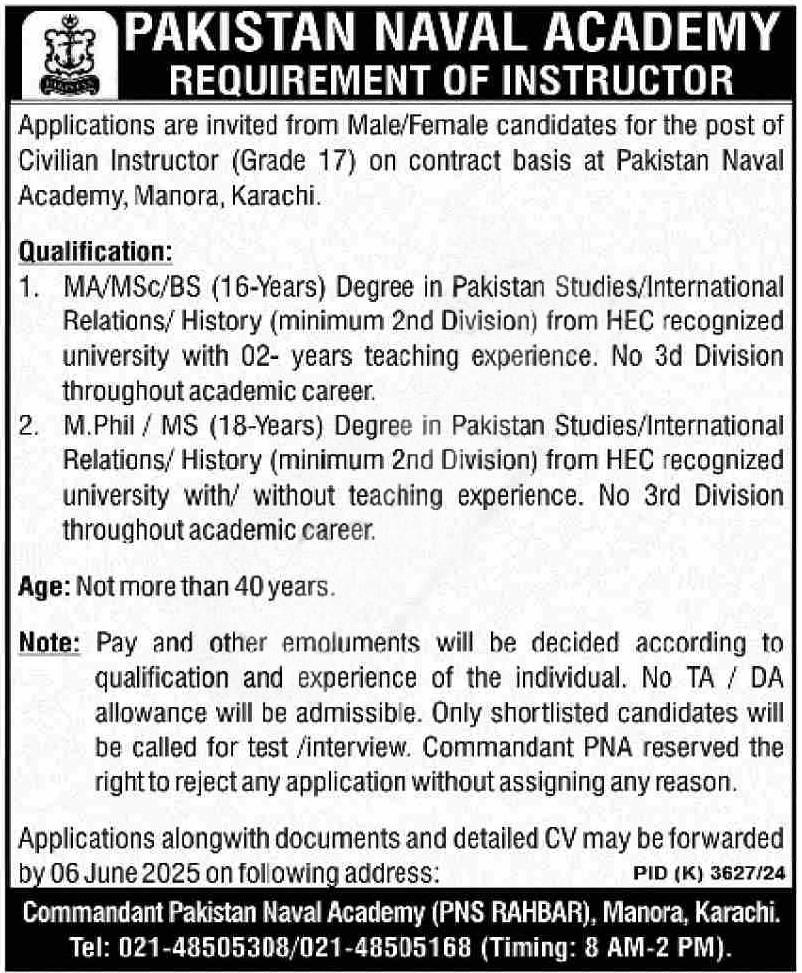 Exciting Opportunity at Pakistan Naval Academy: Instructor Position