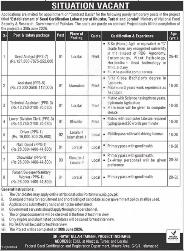 Federal Seed Certification Laboratory Jobs 2025 Announced by Government of Pakistan